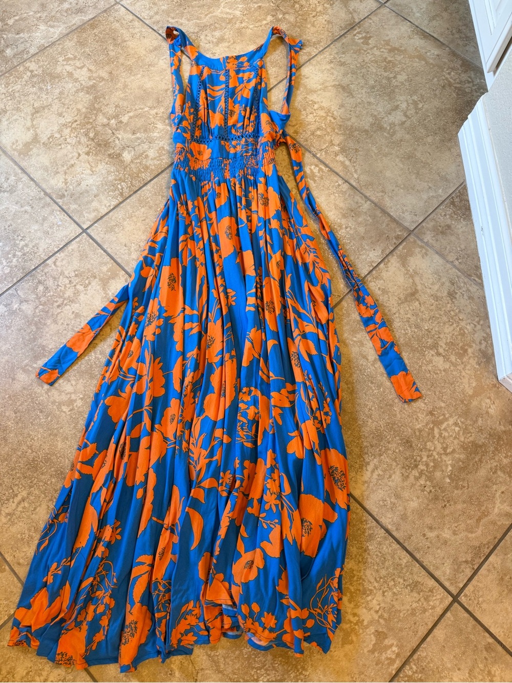 Blue & Orange Floral Maxi Dress with Tie-Waist